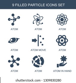 9 particle icons. Trendy particle icons white background. Included filled icons such as atom, atom move, atom in hand. particle icon for web and mobile.
