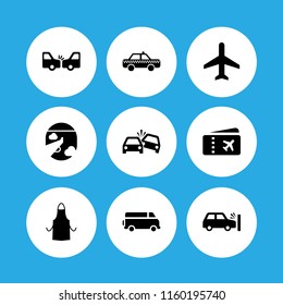 9 passenger icons in vector set. flight, bus, taxi and airplane ticket illustration for web and graphic design