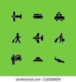 9 passenger icons in vector set. travel, bus, plane and aircraft illustration for web and graphic design