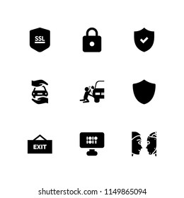 9 password icons in vector set. security on, shield, steal and hacked illustration for web and graphic design