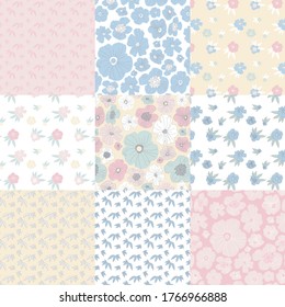 9 patterns in repeat. flowers and leave seamless patterns collection ready for printing. Each patterns only use between 3-6 colours.