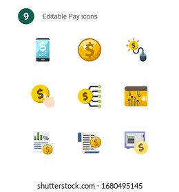 9 pay flat icons set isolated on . Icons set with digital banking, Net Income, Pay per click, Cost per click, Marketing budget, digital wallet, Taxes, Expenses, rent deposit icons.