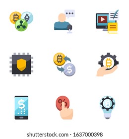 9 payment flat icons set isolated on white background. Icons set with Cryptocurrency, online store, Payment Processor, Cryptography, crypto-exchange, fintech industry, digital banking icons.