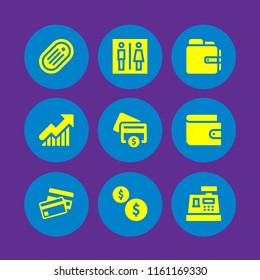 9 payment icons in vector set. token, wallet, credit card and cash illustration for web and graphic design
