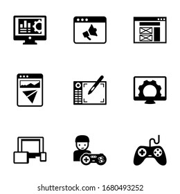 9 Pixel gefüllte Symbole einzeln auf weißem Hintergrund. Die mit der Buchhaltungssoftware, Promo-Website, Wireframe, Landing-Page, Graphic Tablet, Computer-Reparatur, reaktionsfähige Web-Design-Symbole.