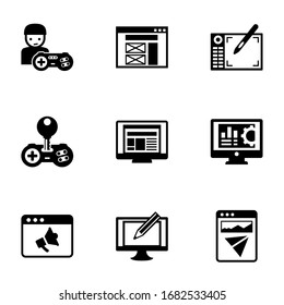 9 pc filled icons set isolated on white background. Icons set with gamer, wireframe, Graphic tablet, Cheat, layout, Accounting software, Promo website, Digital illustration icons.