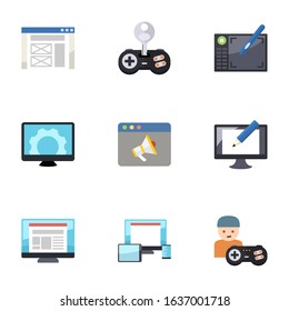 9 pc flat icons set isolated on white background. Icons set with wireframe, Cheat, Graphic tablet, Computer repair, Promo website, Digital illustration, layout, responsive web design icons.