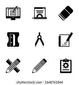 9 pencil filled icons set isolated on white background. Icons set with Copywriting, Blog management, Eraser, Sharpener, Compasses, Sketching, Pencil & ruler, Pencil, project icons.