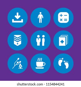 9 people icons in vector set. standing frontal man silhouette, red cross, download and business and finance illustration for web and graphic design