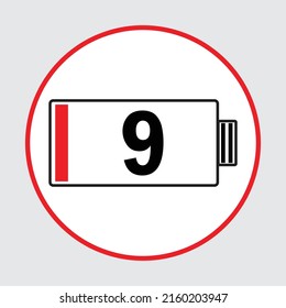 9 % Batterieladung, Flachsymbol, Icon-Bild, Vektorsymbol mit niedriger Akkuleistung