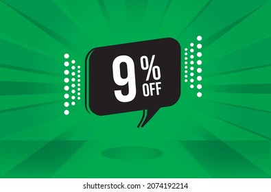 9 percent discount. Green banner with floating balloon for promotions and offers. Vector Illustration.