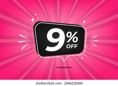 9 percent discount. Pink banner with floating balloon for promotions and offers.