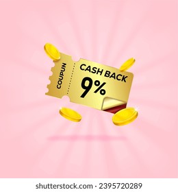 9 percent gift voucher with coupon Cash back. For business promotion sales and Discount online purchases. Tag label, sale banner with golden coin cash back. 