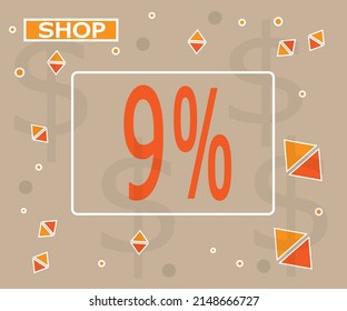 9 percent off. 9% discount banner for store promotion in orange color