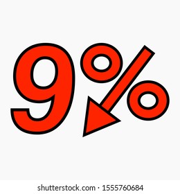 The 9 percent reduction icon is red.  Price drop. Interest rate reduction.  Stock symbol. Discount. Markdown of goods. Bonus discount. Vector icon.