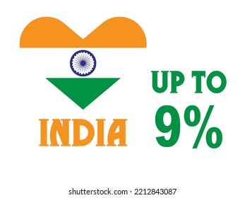 9% percentage India with Flag color vector art illustration with heart shape, font, green, orange and white color.