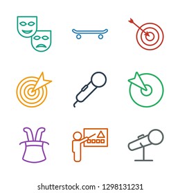 9 performance icons. Trendy performance icons white background. Included outline icons such as microphone, teacher, magic hat, target, skating. performance icon for web and mobile.