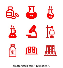 9 pharmaceutical icons with three test tubes and medicine in this set