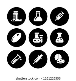 9 pharmacy icons in vector set. lab, syringe, test tube and drugs illustration for web and graphic design