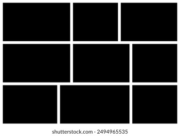 9 Photo frames. Blank photo collage template made of many parts .Mood board background. Gallery Album brandboard grid design. Portfolio images mockup. rectangle, square mosaic picture frame template.