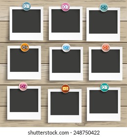 9 Photo Frames With Camera Icons On The Wooden Background. Eps 10 Vector File.