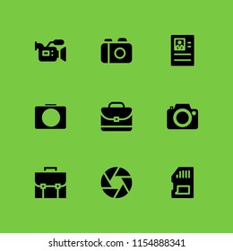 9 photographer icons in vector set. memory card, photo camera, camera and portfolio illustration for web and graphic design