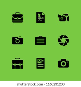 9 photographer icons in vector set. photo camera, camera, portfolio and camera shutter illustration for web and graphic design