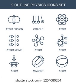 9 Physics Icons. Trendy Physics Icons White Background. Included Outline Icons Such As Atom Fusion, Cradle, Atom, Atom Move, Magnet. Physics Icon For Web And Mobile.