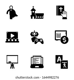 9 pictogram filled icons set isolated on white background. Icons set with business hero, church, vow, Audience, NPC, rent deposit, Board stand, Web Development, Translation service icons.