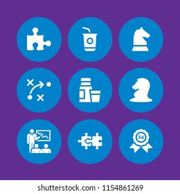 9 piece icons in vector set. chess, puzzle piece silhouette, puzzle and sugar illustration for web and graphic design