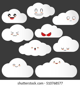 9 pieces sketch characters with Cute vector clouds emotions icons 