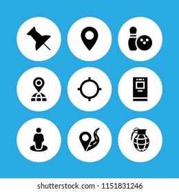 9 pin icons in vector set. maps and location, bowling, location on road and gps illustration for web and graphic design