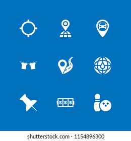 9 pin icons in vector set. clothes hanging on rope for drying, gps, maps and location and location on road illustration for web and graphic design