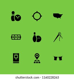 9 pin icons in vector set. slots coincidence, maps and location, us map and bowling illustration for web and graphic design