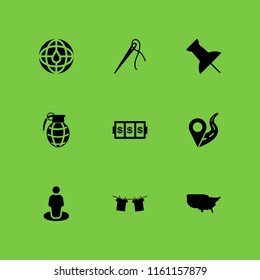 9 pin icons in vector set. us map, needle with thread to sew clothes, gps and slots coincidence illustration for web and graphic design