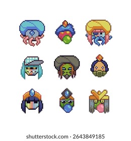 9 pixel art fantasy faces in 8-bit retro style, various humanoid and monster-like characters with expressive features and headgear, game assets, avatars, NFTs, or retro design projects.