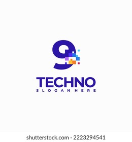 9 Pixel Number Logo Design Template, Pixel Technology logo symbol concept