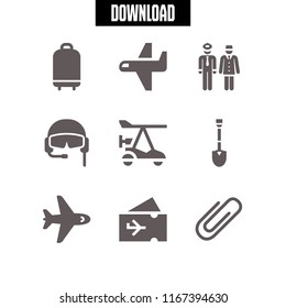 9 plane vector icon set with travel, pilot, airplane and plane ticket icons for mobile and web
