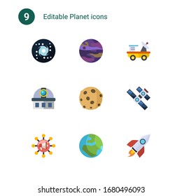 9 planet flat icons set isolated on . Icons set with galaxy, moon rover, observatory, moon, space station, Global education, globe, rocket icons.