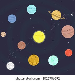 The 9 planets, the sun and the moon in space