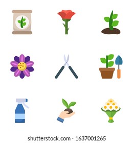 9 plant flat icons set isolated on white background. Icons set with fertilizer, rose, Plant, Floral design, Gardening scissors, Gardening, Spray bottle, bouquet icons.