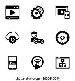 9 iconos rellenos de jugadores aislados en fondo blanco. Iconos establecidos con reproductor de medios, software de transmisión, Streaming adaptable, servicio de transmisión, jugador, juego de raza, iconos de juego móvil.