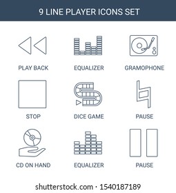 9 player icons. Trendy player icons white background. Included line icons such as play back, equalizer, gramophone, stop, dice game, pause, CD on hand. player icon for web and mobile.