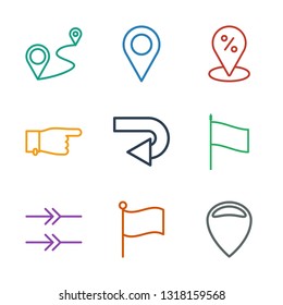 9 pointer icons. Trendy pointer icons white background. Included outline icons such as location, flag, arrow, back arrow, pointing, sale location. pointer icon for web and mobile.