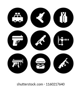 9 police icons in vector set. patrol, gun, burglar and vest illustration for web and graphic design