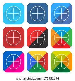 9 popular social network icon set with plus sign in circle with long diagonal shadow. Rounded square web button on white background. Flat simple clean style. Vector illustration design element 10 eps