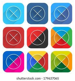 9 popular social network icon set with remove sign in circle with long diagonal shadow. Rounded square web button on white background. Flat simple clean plain style. Vector illustration element 10 eps