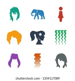 9 portrait icons. Trendy portrait icons white background. Included filled icons such as woman hairstyle, curly hair, woman face with flower in hair. portrait icon for web and mobile.