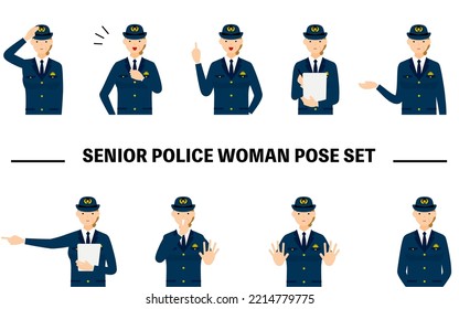 9 posed sets of senior female police officers, saluting, stopping, policing, etc.
