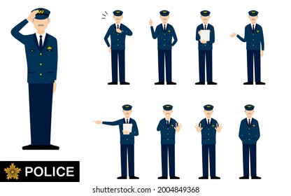 9 posed sets of Senior male police officers, saluting, stopping, policing, etc.